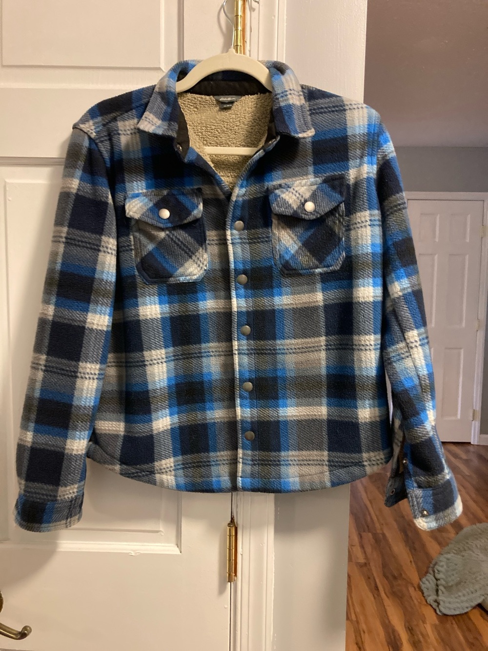 Eddie Bauer Blue and Gray Plaid Fleece- Lined Jacket